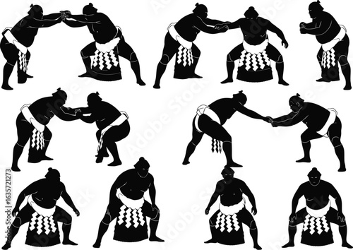 Silhouettes of sumo wrestlers engaged in various poses and matches demonstrating strength and tradition