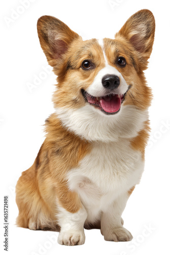 A Pembroke Welsh Corgi dog with a fluffy coat sits happily, showing a friendly and relaxed expression.