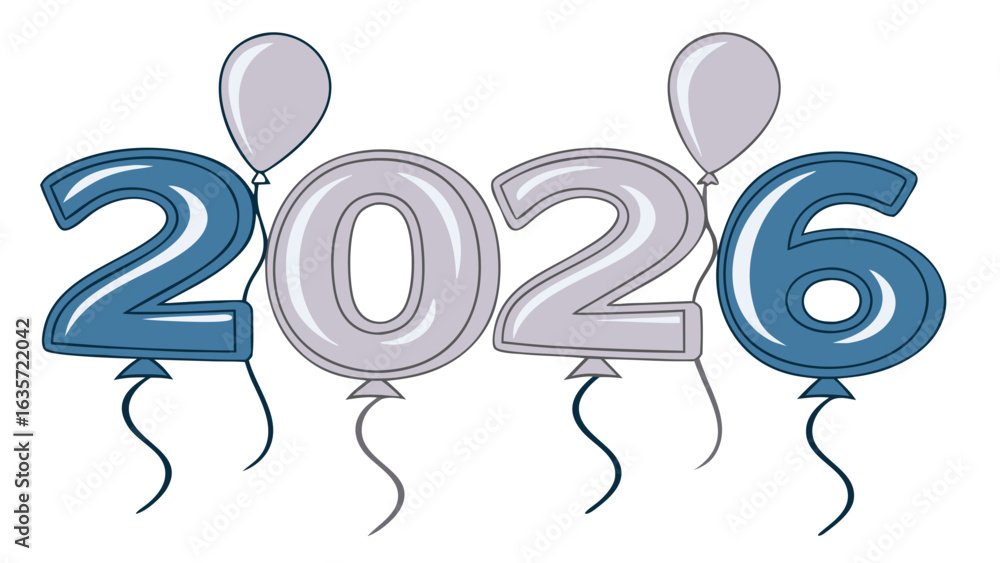 Obraz premium Glossy Foil Balloon Numbers “2026” in Gold and Silver with Floating Ribbons – Modern New Year Celebration Vector Art and PNG Clip Art