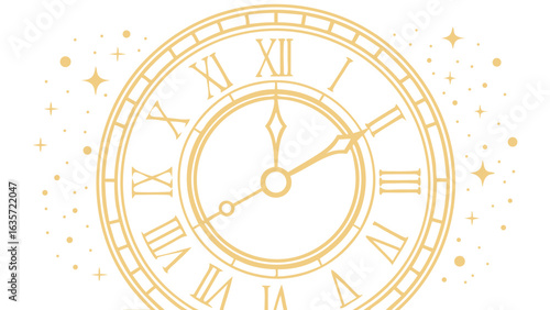 Golden Clock Face with Roman Numerals at Midnight, Glowing Stardust Halo – Classic New Year Countdown Vector Art and PNG Clip Art Illustration