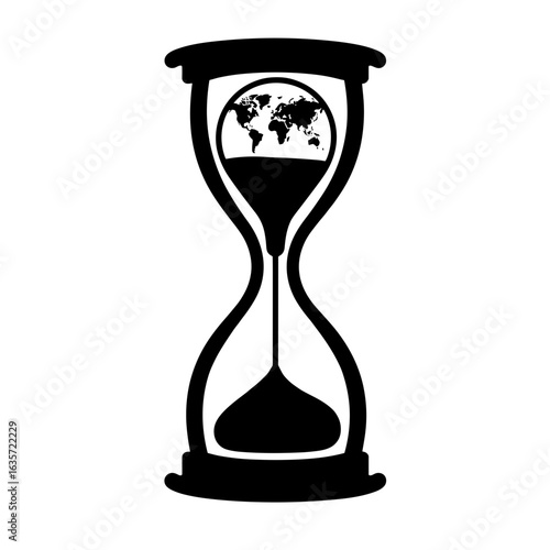 Silhouette of globe in hourglass, symbol of environmental urgency and climate pressure