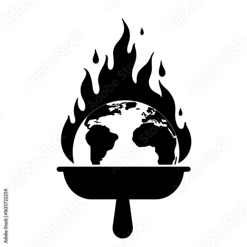 Earth silhouette in frying pan with flames, symbolizing global warming and climate crisis