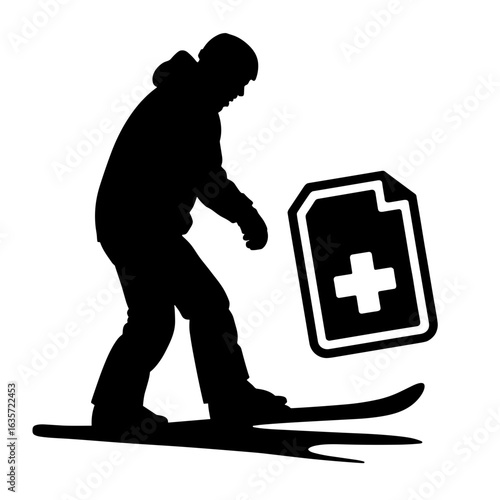 Silhouette of skier with medical icon, accident insurance for winter sports safety