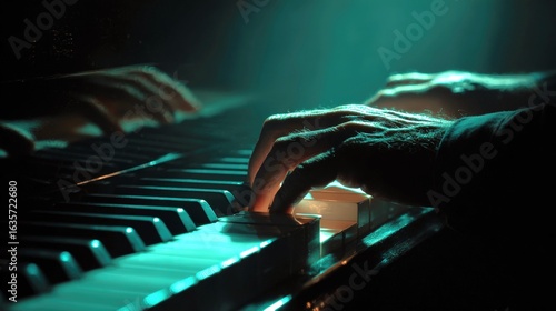 Dynamic performance of keyboardist illuminated by cyan spotlight against black background