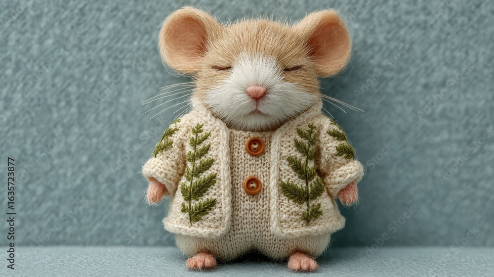 Fototapeta premium Charming mouse in a bamboo romper with fern embroidery on a blue background