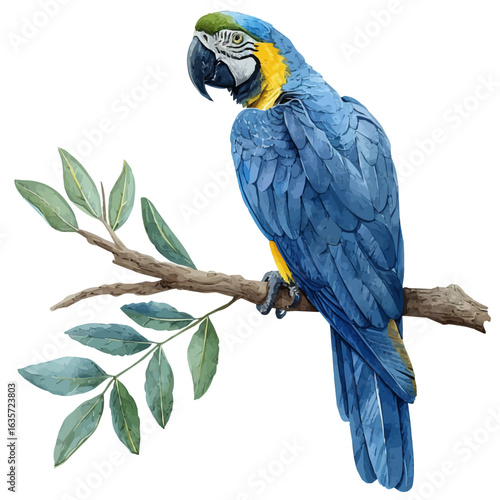 watercolor vector of Blue-and-yellow Macaw, isolated on a white background.