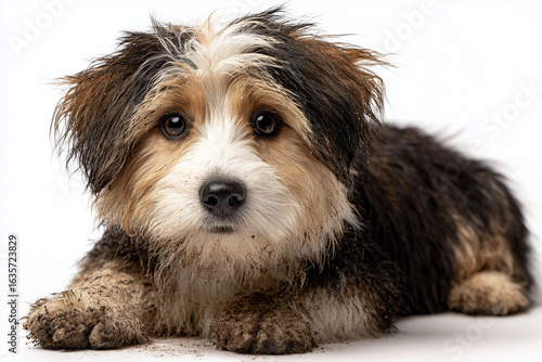 Selective focus naughty dog with mud isolated on white background, Portrait of dirty dog on white, Hungry and fatigue stray dog.