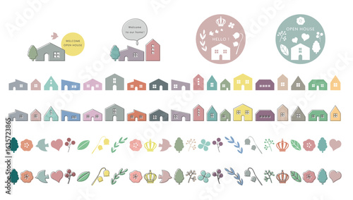 006くすみカラーの家と植物のイラストセット