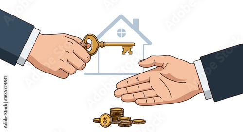A clean and symbolic vector illustration of a new beginning. A key is being passed from one hand to another, representing the final step of a home mortgage or a major real estate deal.