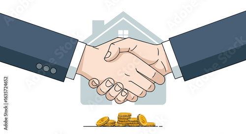 A vector illustration depicting a hand passing a set of keys to another hand. This clean, symbolic graphic represents the concepts of a home mortgage, real estate transactions, and property ownership.
