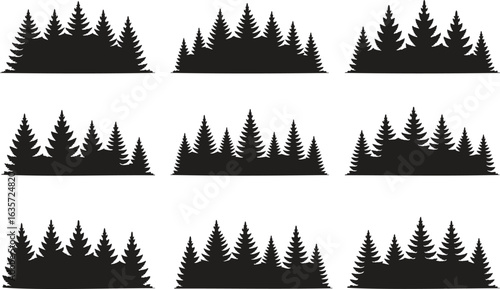 Collection of Evergreen Tree Silhouettes Creating Forest Landscapes