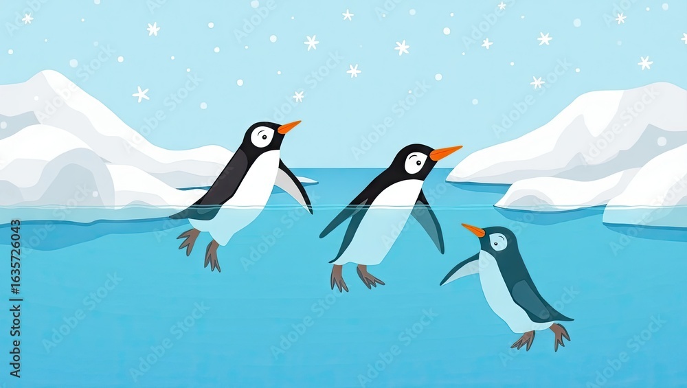 Fototapeta premium Three penguins swim in icy water near icebergs.