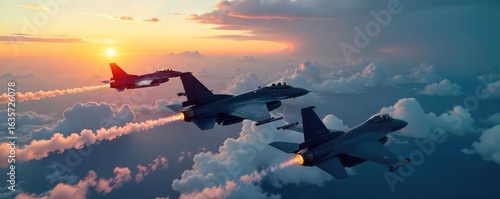 A squadron of sleek fighter jets soaring through a dramatic sky, leaving vapor trails Perfect for military, aviation, and power themes , supersonic, national security, aviation