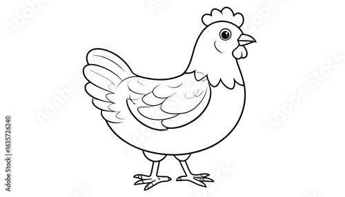 Simple black and white line drawing of a chicken