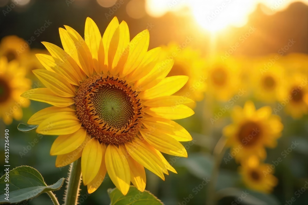 Fototapeta premium A vibrant sunflower basks in the golden sunlight, its petals radiating warmth and joy The rich colors and textures create a feeling of summer energy and natural beauty , outdoor, flora