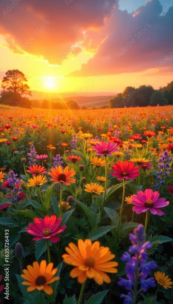 Fototapeta premium A vibrant sunrise over a field of wildflowers, symbolizing the joyful opportunities found in nature's beauty and the promise of a new day , golden hour, landscape, opportunity