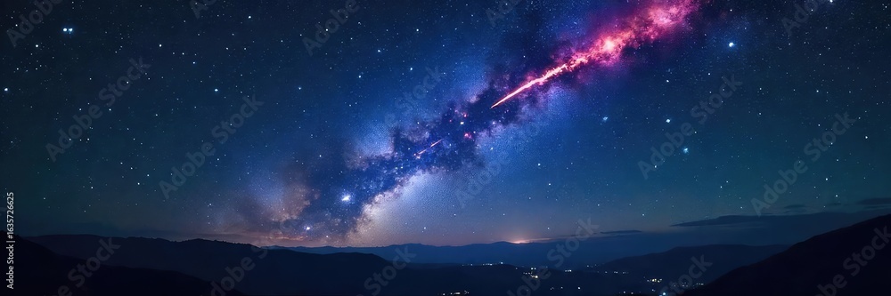 Obraz premium Awe-inspiring view of a meteor shower streaking across a dark night sky, illuminating the vast expanse of stars Perfect for astronomy, space, and celestial themes , meteor shower, Milky Way