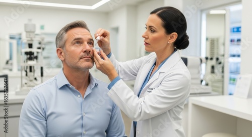 Female ophthalmologist applying eye drops to a male patient during an eye exam in a modern clinic.  Professional healthcare, vision care, and medical treatment.