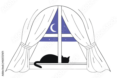 Silhouette of a cat sleeping on a window sill