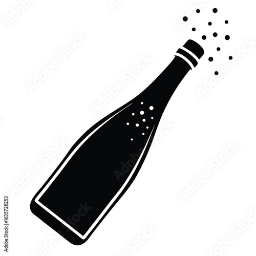Black Silhouette of an Opening Champagne Bottle with Bubbles Flowing Upward
