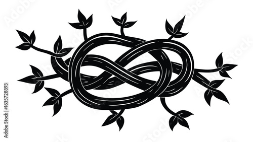 Vector art of black infinity knot with leaves and vines isolated on white background.