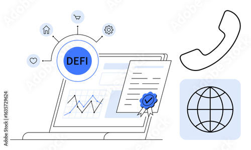 Finance chart on laptop with DEFI hub, icons for settings, shopping, and certificates. Connectivity shown through phone and globe. Ideal for fintech, blockchain, finance, security global trading