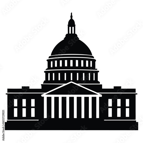 Silhouette Illustration of United States Capitol Building with Dome and Columns Structure