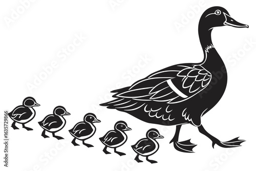 Mother duck and ducklings walking in a line