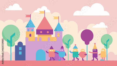 birthday parade through pastel fantasy city