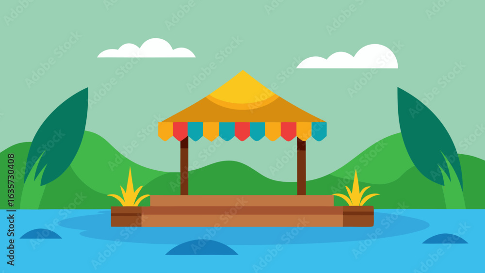 Obraz premium jungle river birthday raft with decorated hut