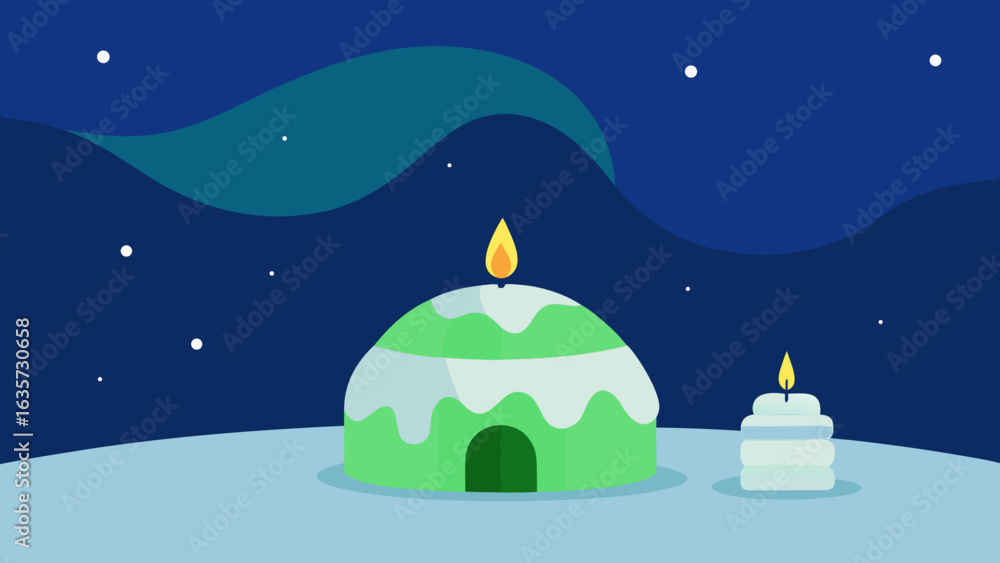 Fototapeta premium Northern Lights Birthday With Igloo And Snow Cake