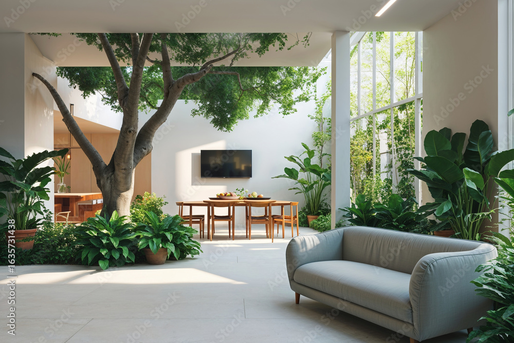 Fototapeta premium Modern living space with lush greenery and natural light indoor garden living room