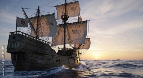 Majestic Galleon sailing on the open sea at sunrise, a captivating naval landscape