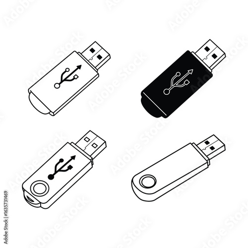 Four USB Flash Drives in Different Styles Black and White Line Art