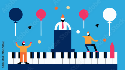 surreal birthday floating above giant piano keys