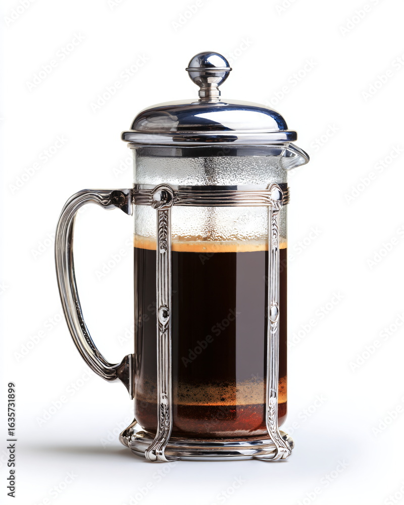Obraz premium transparent glass French press coffee maker, kitchen brewing product isolated on white