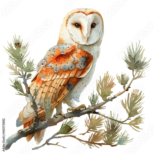 Barn Owl, watercolor illustration vector, isolated on a white background.