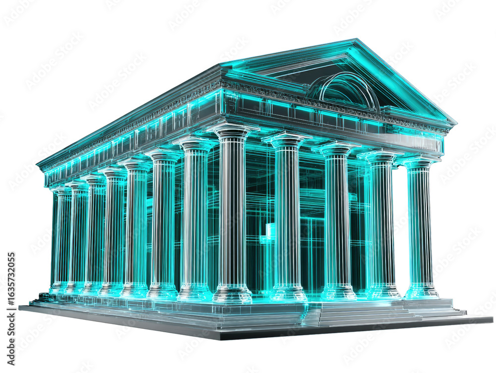 Obraz premium Architectural Digital Blueprint: A stunning visualization of a classical building, rendered in a captivating digital blueprint style, highlighting the structure's intricate details and elegant design.