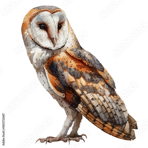 Barn Owl, watercolor vector, isolated on a white background.