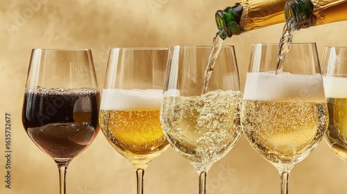 Flute and tulip glasses filled with prosecco and pinot grigio in a bright setting