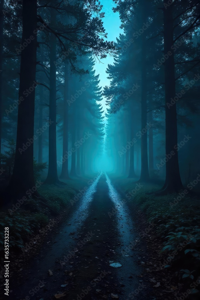 Obraz premium A dimly lit, eerie forest path at night, shrouded in mist and shadows, creates a chilling and suspenseful atmosphere Ideal for horror, thriller, mystery, and fantasy projects , dark, mist