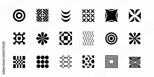 Collection of black and white geometric and abstract icon designs