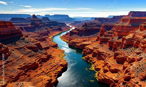 Aerial View of a Majestic Canyon with a Winding River Flowing Through the Red Rock Formations Under a Clear Blue Sky