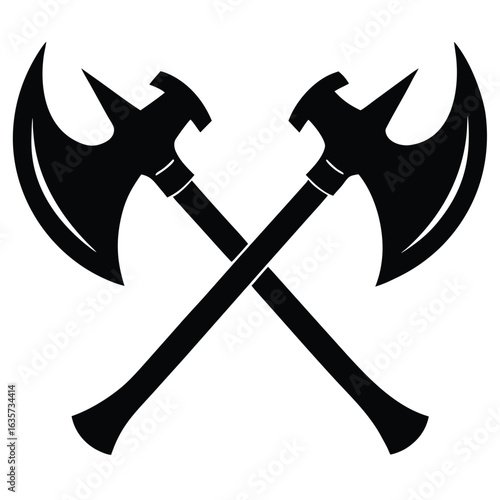 Black Silhouette of Two Crossed Battle Axes Medieval Fantasy Weaponry