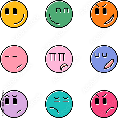 Colorful round emoticon faces with various expressions
