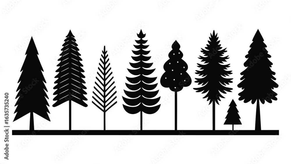 Fototapeta premium Vector art of collection of diverse pine tree silhouettes isolated on a white background, representing nature and forest elements.