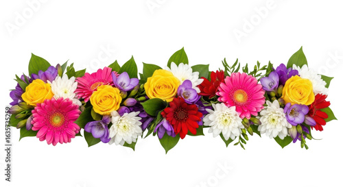 Wallpaper Mural Multiple small colorful flower bouquets with pink gerberas, yellow roses, purple freesias, red flowers, white chrysanthemums, and green foliage, arranged horizontally on a transparent background with Torontodigital.ca