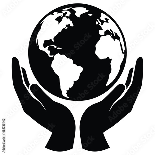 World Globe Held Gently by Hands Black and White Silhouette Earth Illustration