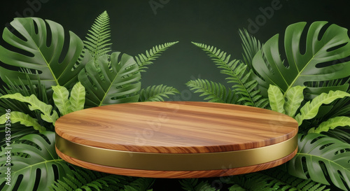 Wooden display platform surrounded by lush tropical foliage