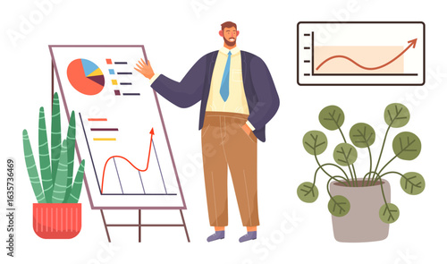 Man in formal attire explaining data on flipchart with graphs and pie chart. Wall-mounted graph shows growth trend. Indoor plants nearby. Ideal for business, growth, success, strategy, work